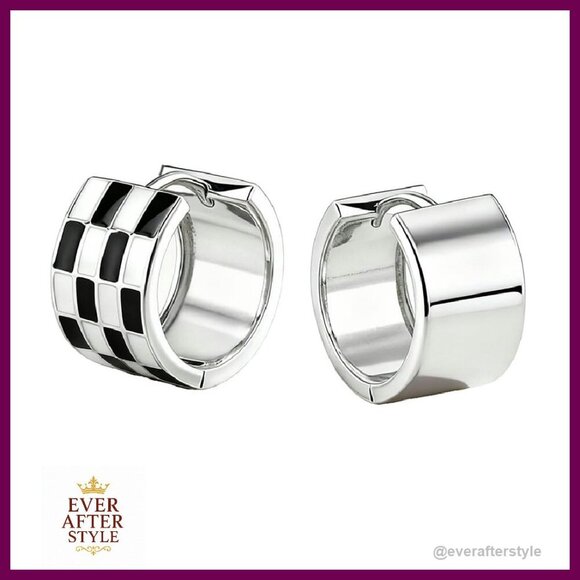 Jewelry - Sterling Silver Checkered Huggie Hoop Earrings Hypoallergenic Reversible Chunky